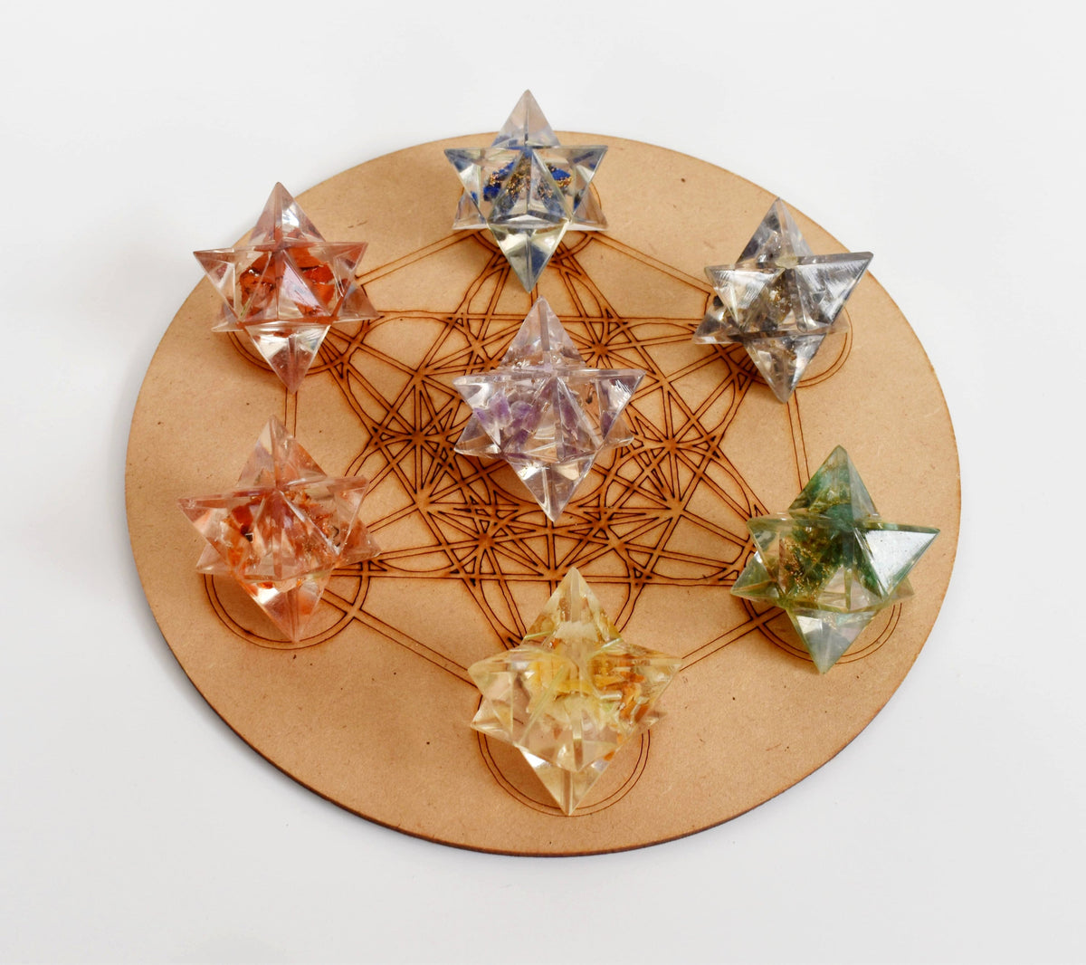 7 Chakra Orgone Merkaba Set,  Chakra Crystals Set with Wooden Grid Plate, Selenite Log  DestGlow