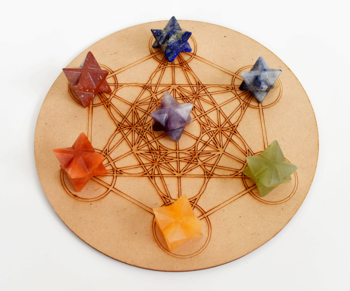 7 Chakra Merkaba Set,  Chakra Crystals Set with Wooden Grid Plate, Selenite Log  DestGlow