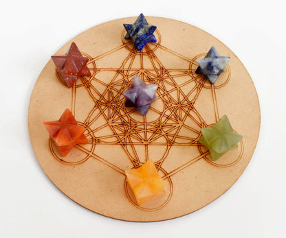 7 Chakra Merkaba Set,  Chakra Crystals Set with Wooden Grid Plate, Selenite Log  DestGlow