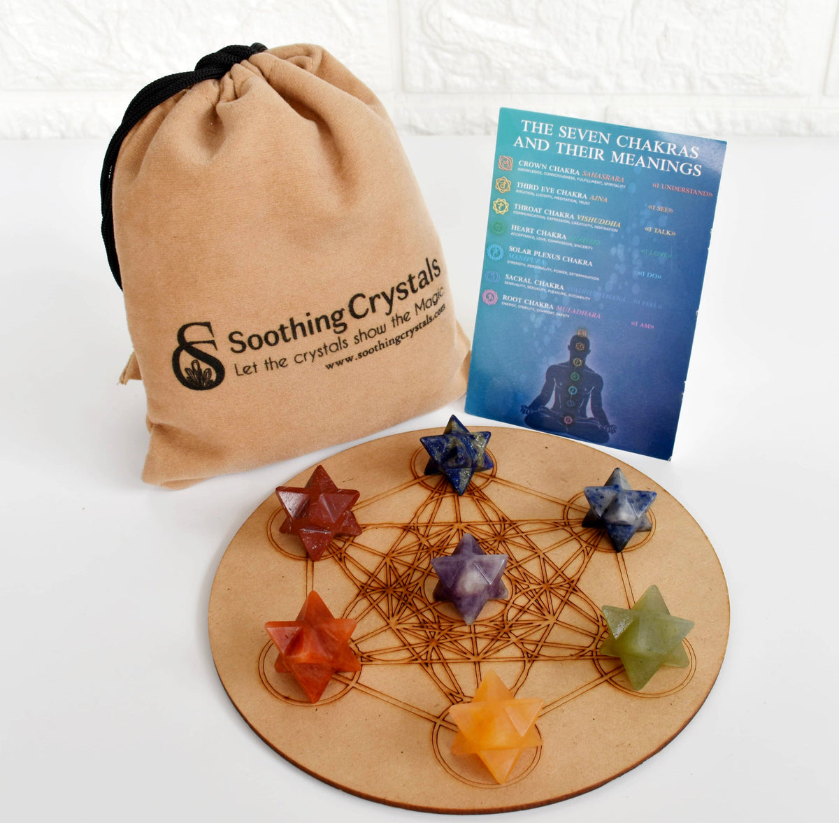 7 Chakra Merkaba Set,  Chakra Crystals Set with Wooden Grid Plate, Selenite Log  DestGlow