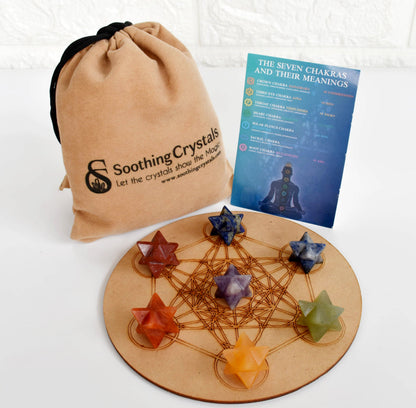 7 Chakra Merkaba Set,  Chakra Crystals Set with Wooden Grid Plate, Selenite Log  DestGlow