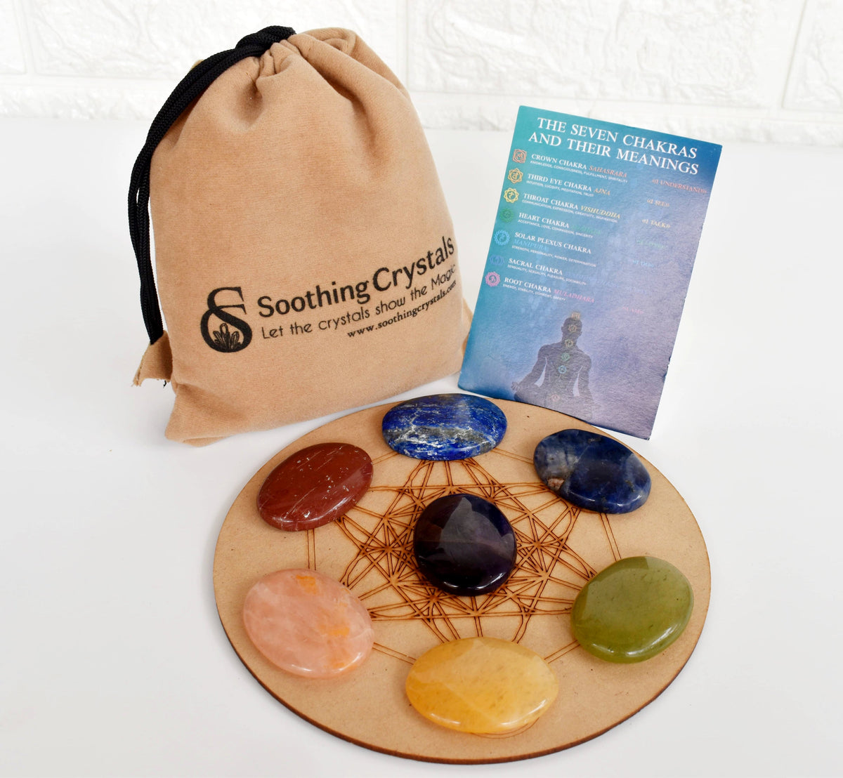 7 Chakra Crystals Worry Stones Set with Wooden Grid Plate, Selenite Log  DestGlow