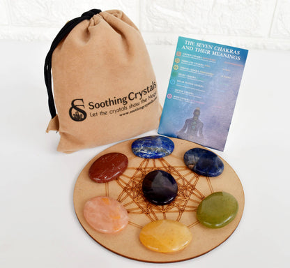 7 Chakra Crystals Worry Stones Set with Wooden Grid Plate, Selenite Log  DestGlow