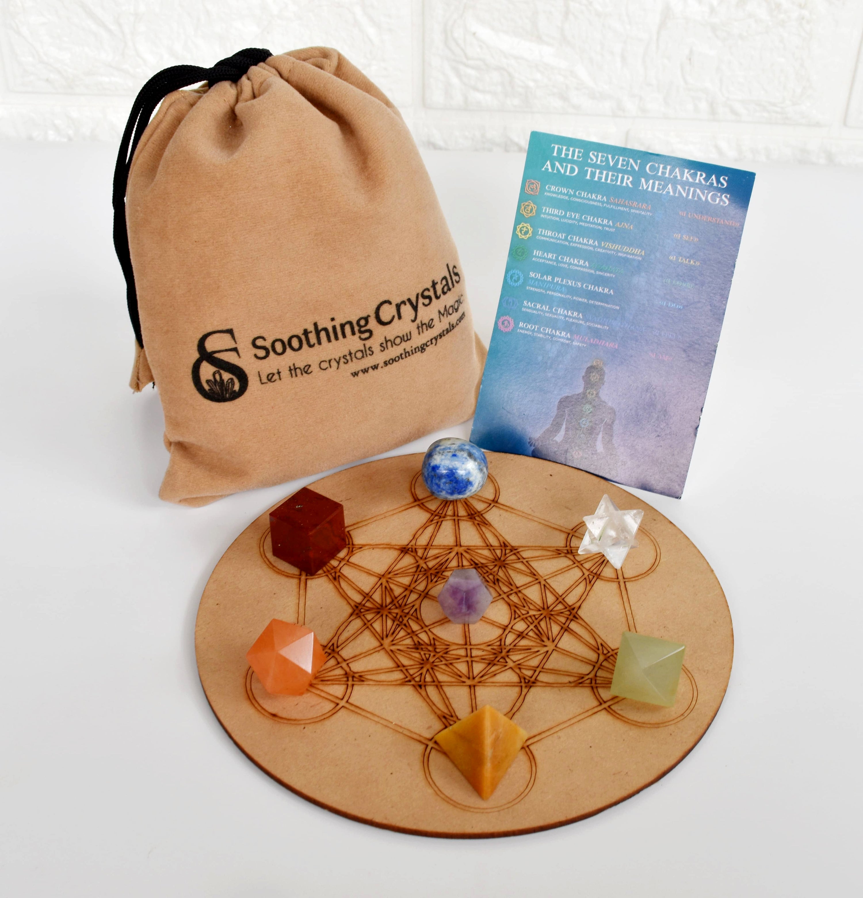 Chakra Crystals Geometric Set, 7 Chakra Plato Stones with Wooden Grid Plate, Selenite Log  DestGlow