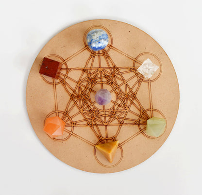 Chakra Crystals Geometric Set, 7 Chakra Plato Stones with Wooden Grid Plate, Selenite Log  DestGlow