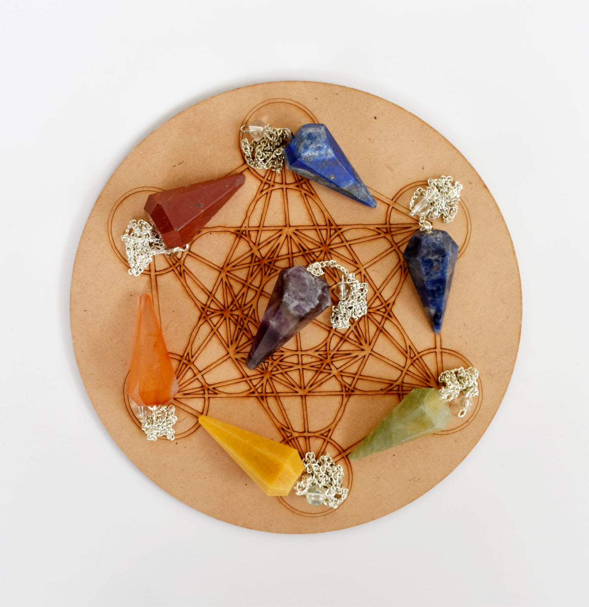 Seven Chakra Crystal Pendulum with Wooden Grid Plate, Selenite Log  DestGlow