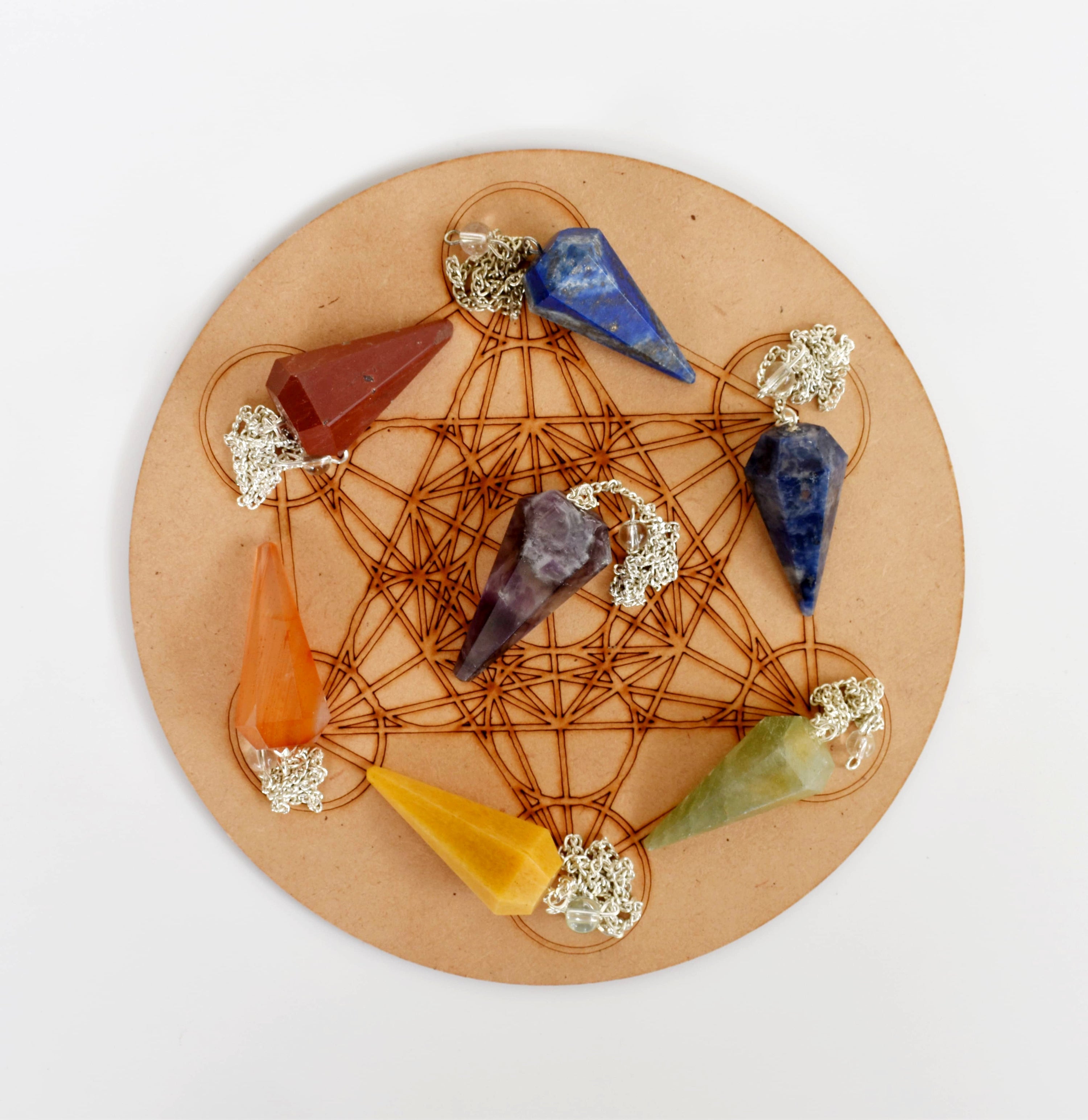 Seven Chakra Crystal Pendulum with Wooden Grid Plate, Selenite Log  DestGlow