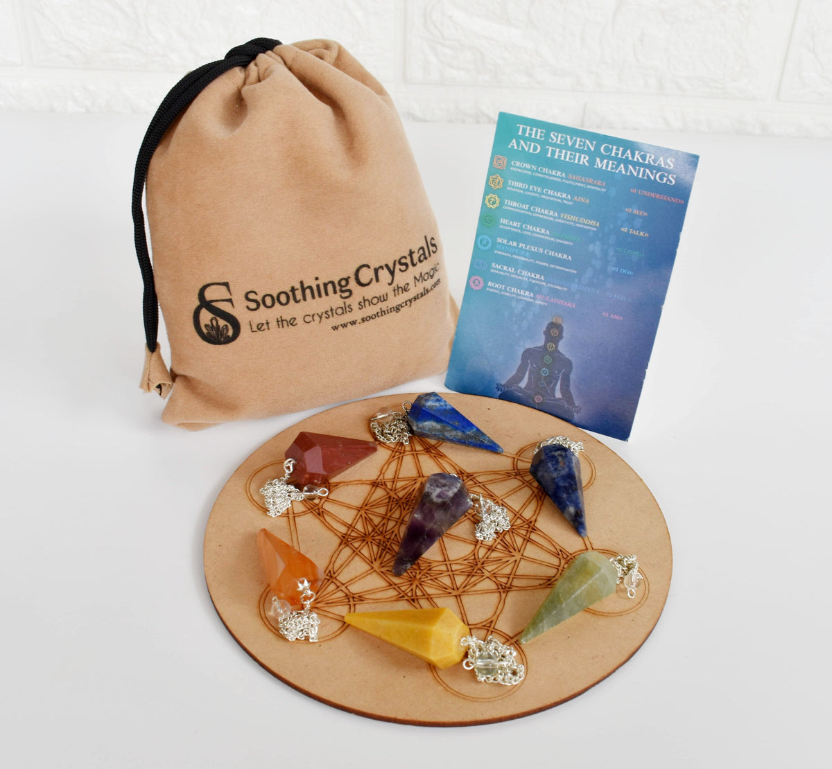 Seven Chakra Crystal Pendulum with Wooden Grid Plate, Selenite Log  DestGlow