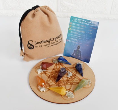 Seven Chakra Crystal Pendulum with Wooden Grid Plate, Selenite Log  DestGlow