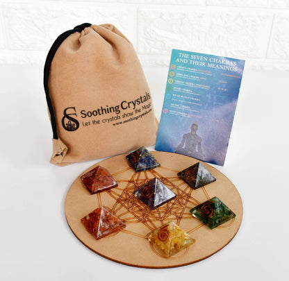 Chakra Crystals Orgone Pyramids Set, Wooden Grid Plate, Selenite Log  DestGlow