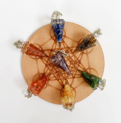 Chakra Crystals Orgone Pendulums Set, with Wooden Grid Plate, Selenite Log  DestGlow