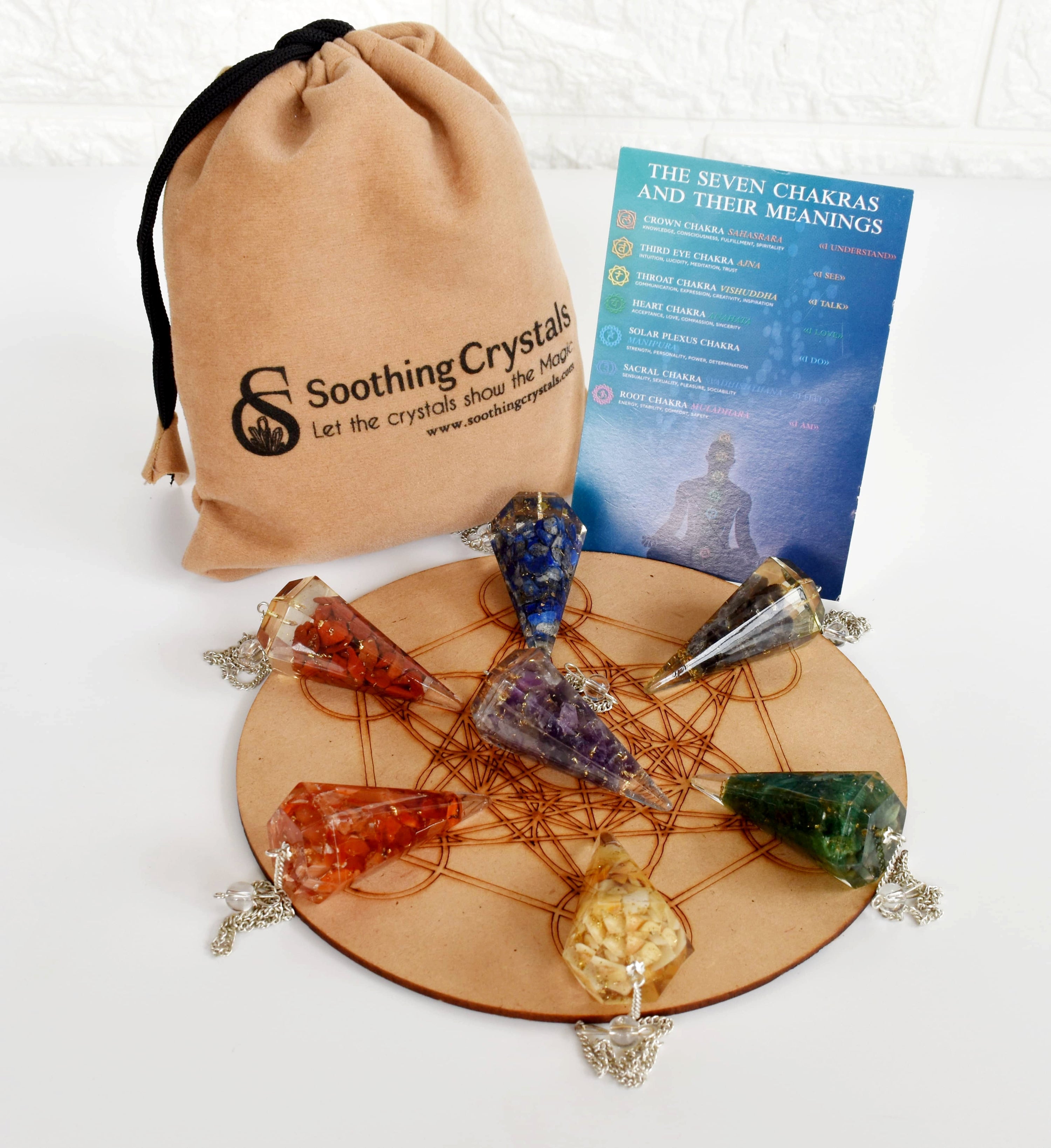 Chakra Crystals Orgone Pendulums Set, with Wooden Grid Plate, Selenite Log  DestGlow