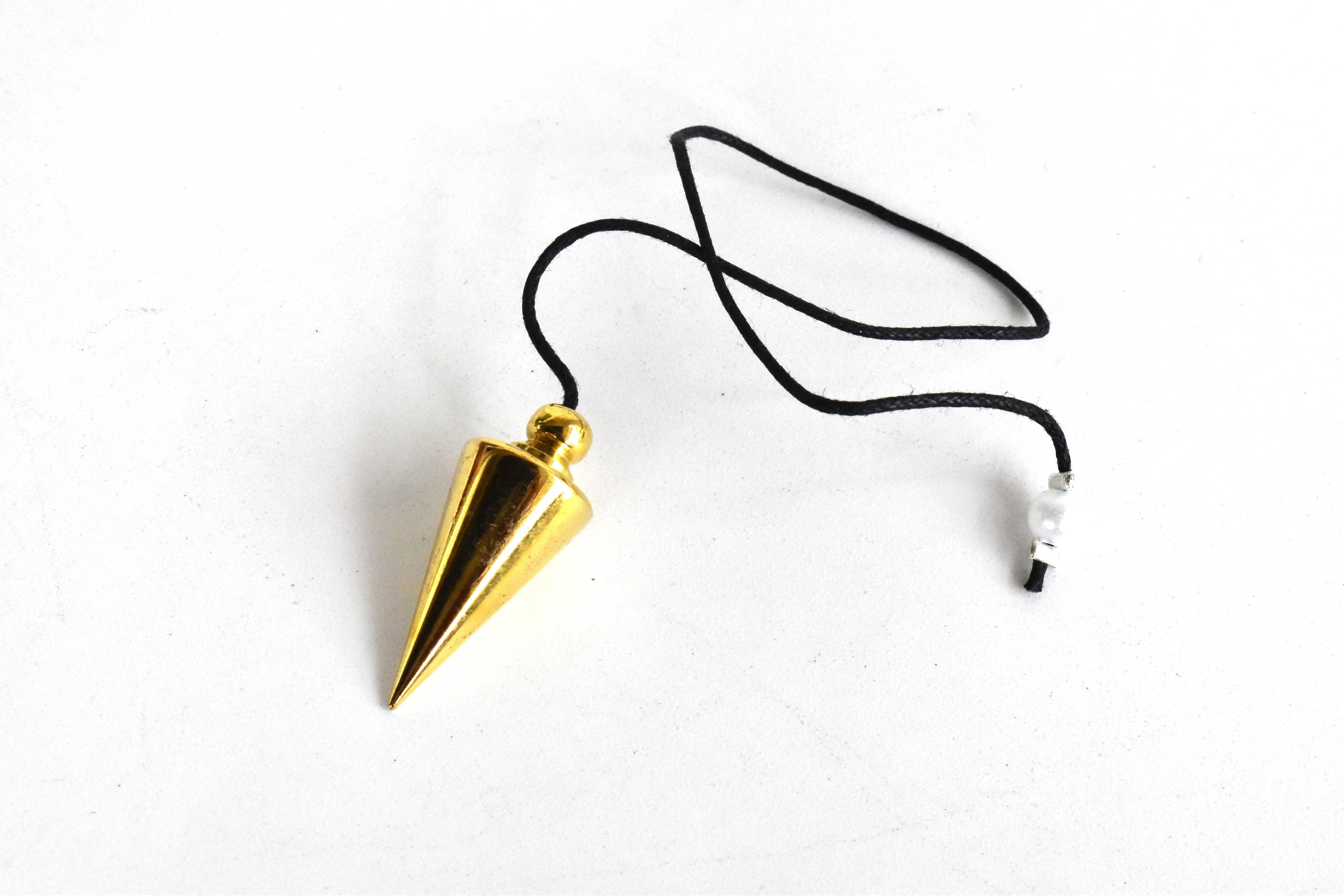 Cone with Round Brass Pendulum Silver Metal Pendulums.  DestGlow