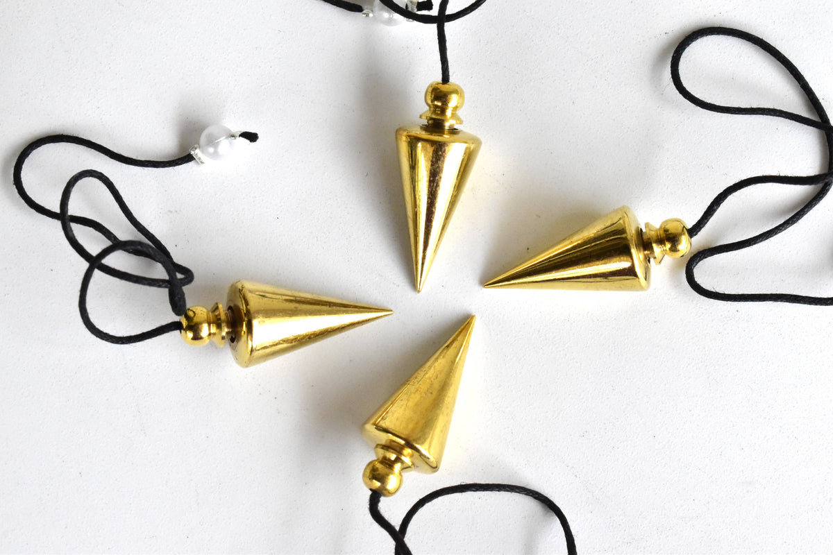 Cone with Round Brass Pendulum Silver Metal Pendulums.  DestGlow