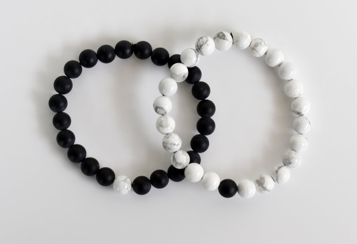 Black Onyx Matt Howlite Couple Bracelets, Anniversary Gift (Confidence and Balance)  DestGlow