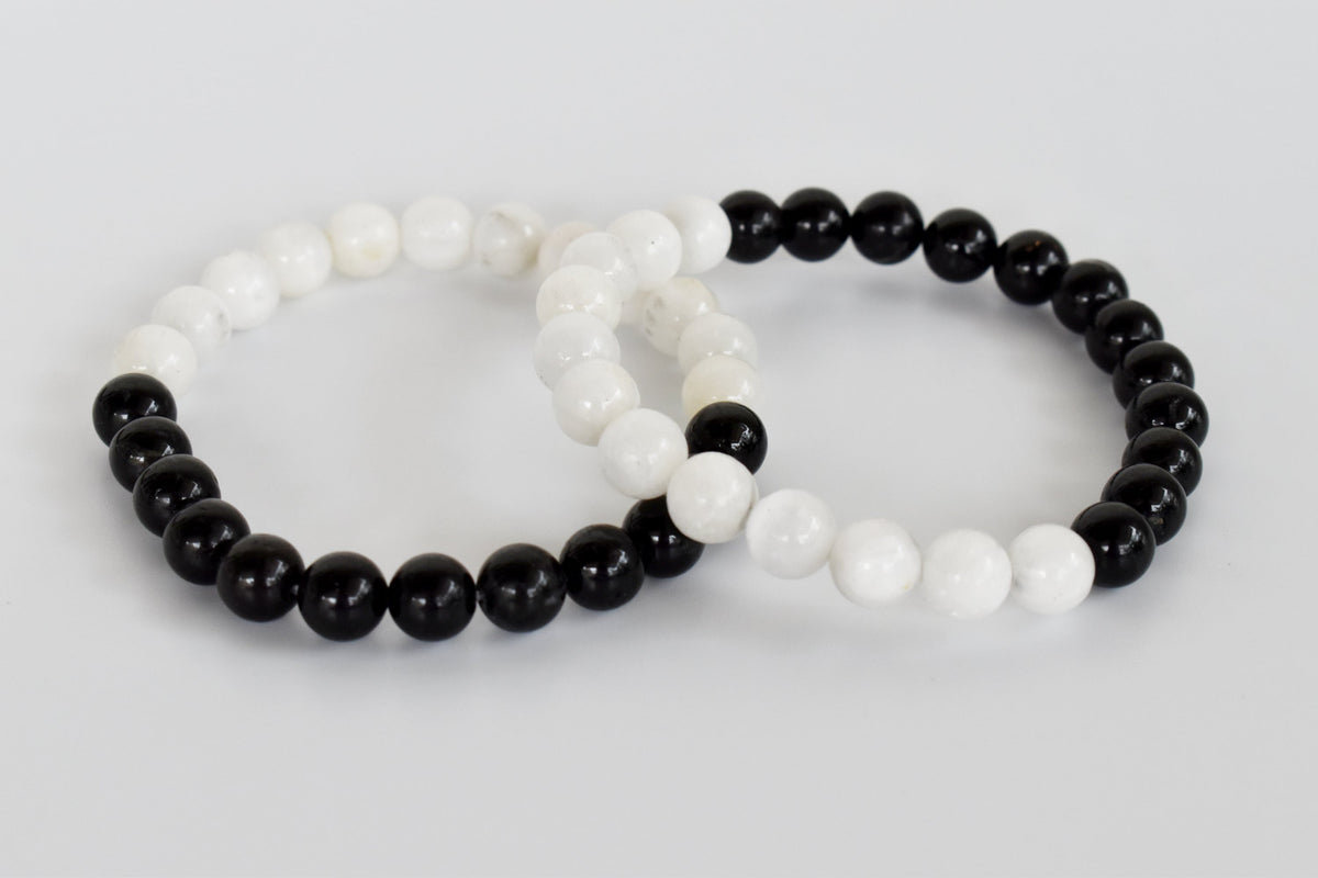 Yin Yang Balance Crystal Bracelet, Selenite, Black Tourmaline Crystal Healing Spiritual Support Balance  DestGlow