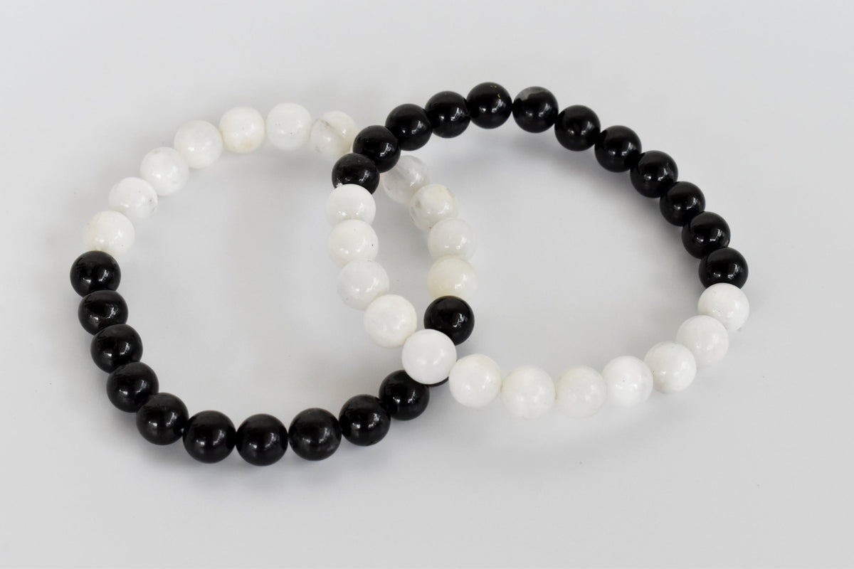Yin Yang Balance Crystal Bracelet, Selenite, Black Tourmaline Crystal Healing Spiritual Support Balance  DestGlow