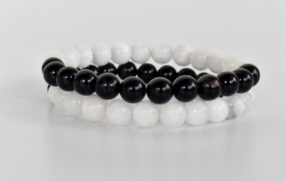 Yin Yang Balance Crystal Bracelet, Selenite, Black Tourmaline Crystal Healing Spiritual Support Balance  DestGlow