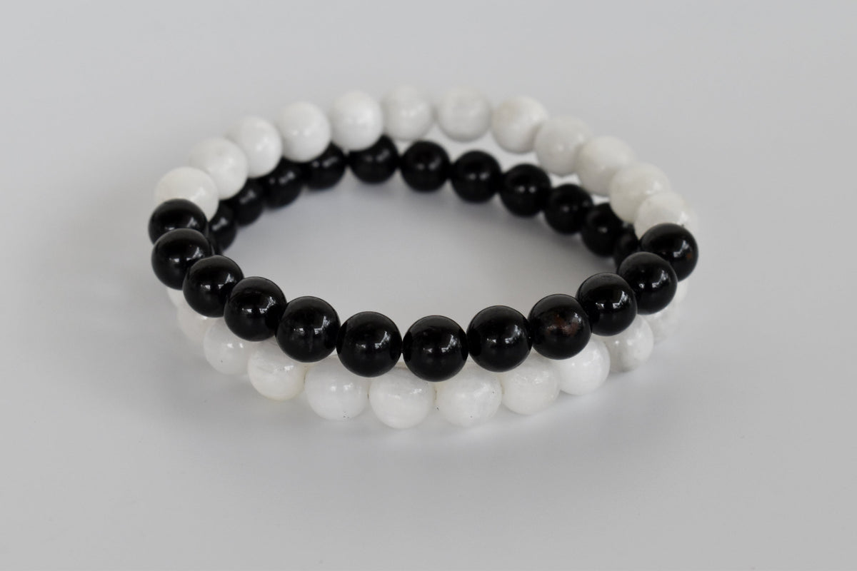Yin Yang Balance Crystal Bracelet, Selenite, Black Tourmaline Crystal Healing Spiritual Support Balance  DestGlow
