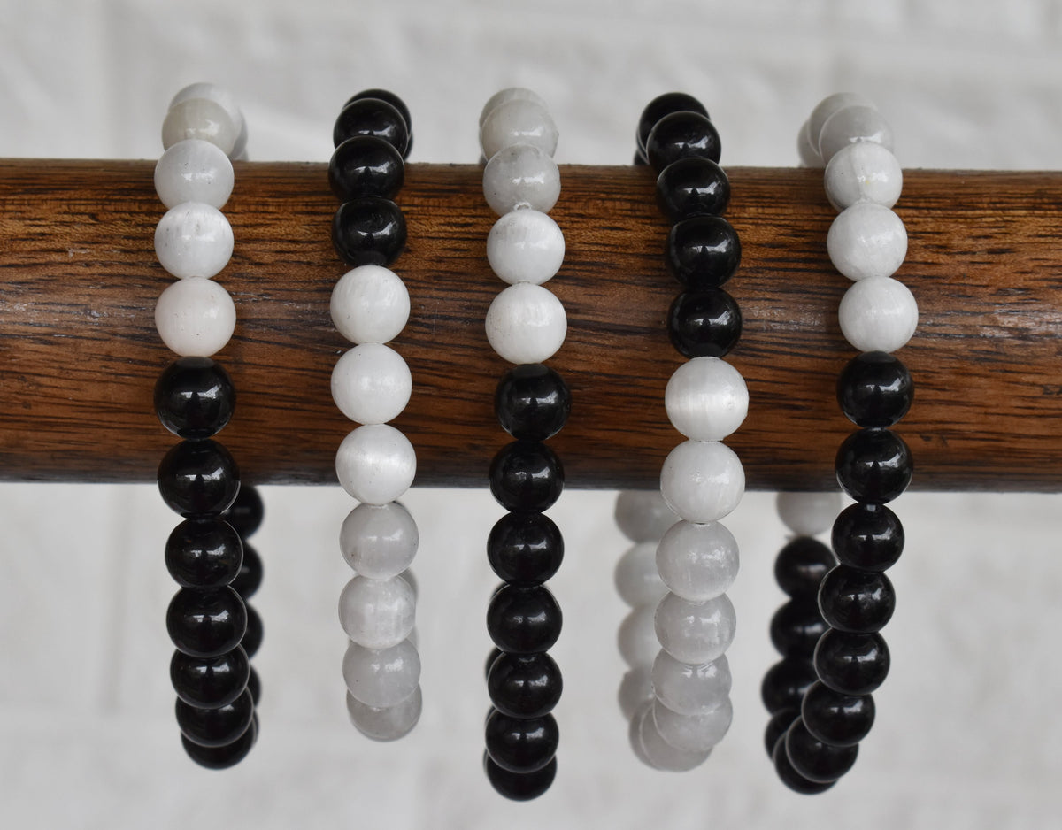 Yin Yang Balance Crystal Bracelet, Selenite, Black Tourmaline Crystal Healing Spiritual Support Balance  DestGlow