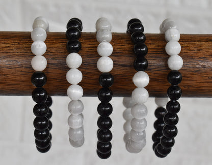 Yin Yang Balance Crystal Bracelet, Selenite, Black Tourmaline Crystal Healing Spiritual Support Balance  DestGlow