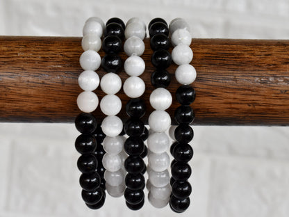 Yin Yang Balance Crystal Bracelet, Selenite, Black Tourmaline Crystal Healing Spiritual Support Balance  DestGlow