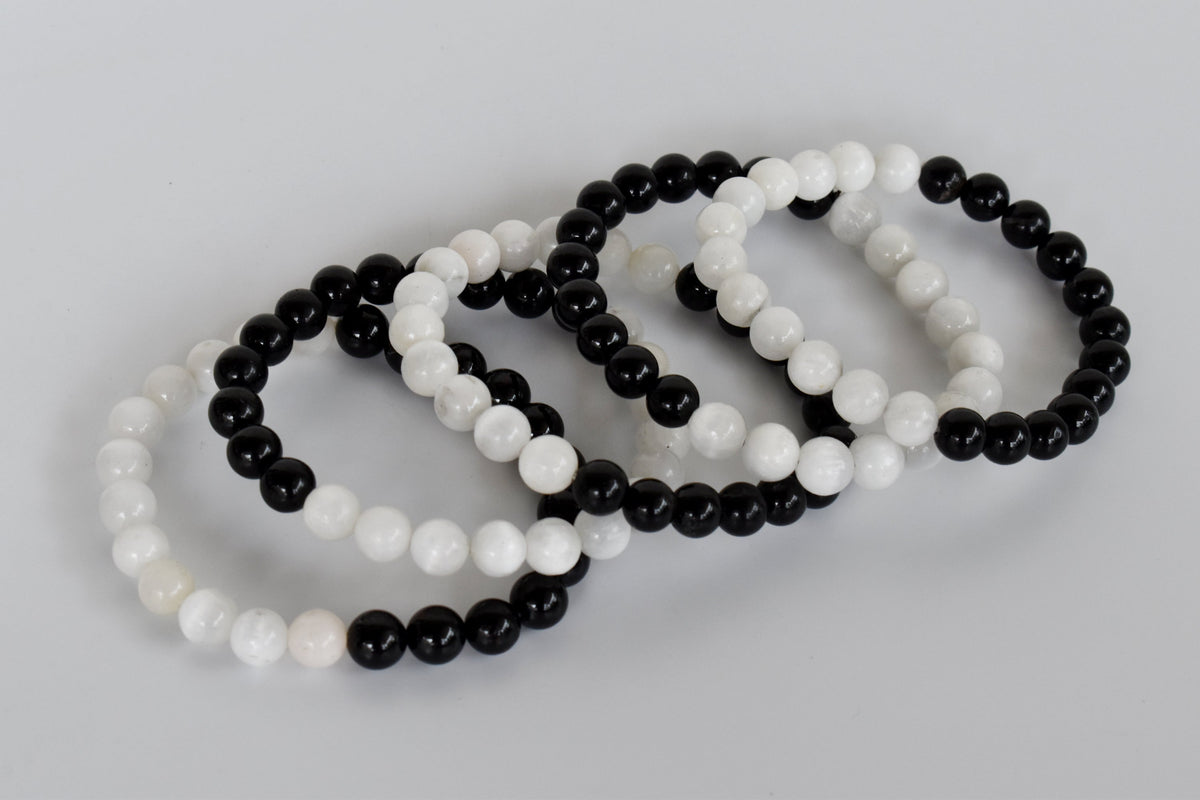 Yin Yang Balance Crystal Bracelet, Selenite, Black Tourmaline Crystal Healing Spiritual Support Balance  DestGlow