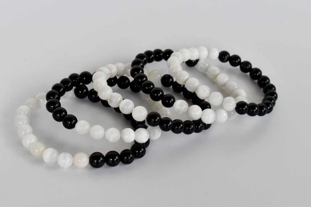 Yin Yang Balance Crystal Bracelet, Selenite, Black Tourmaline Crystal Healing Spiritual Support Balance  DestGlow