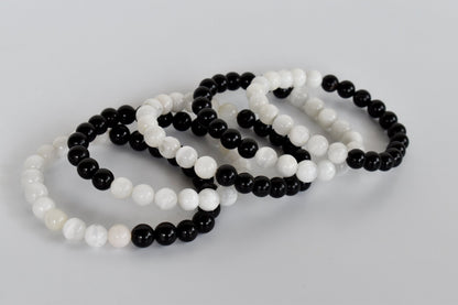 Yin Yang Balance Crystal Bracelet, Selenite, Black Tourmaline Crystal Healing Spiritual Support Balance  DestGlow