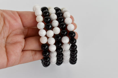 Yin Yang Balance Crystal Bracelet, Selenite, Black Tourmaline Crystal Healing Spiritual Support Balance  DestGlow
