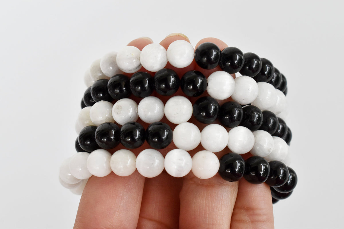 Yin Yang Balance Crystal Bracelet, Selenite, Black Tourmaline Crystal Healing Spiritual Support Balance  DestGlow