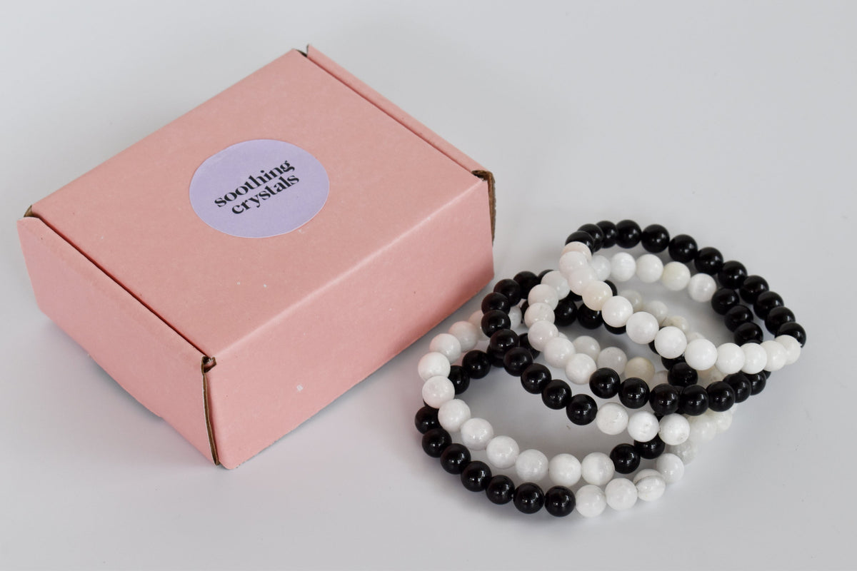Yin Yang Balance Crystal Bracelet, Selenite, Black Tourmaline Crystal Healing Spiritual Support Balance  DestGlow