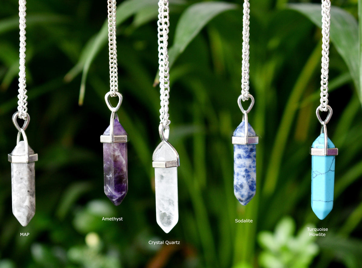Polished Double Terminated Crystal Points Pencil Pendant Necklace  DestGlow