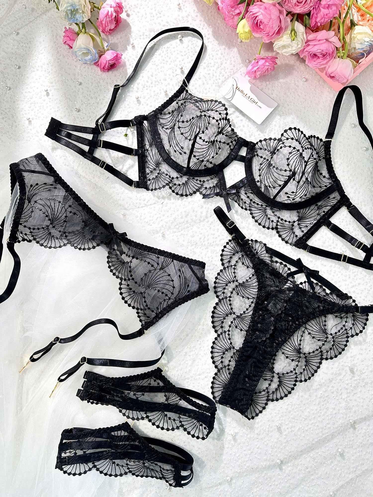 Ultra-Thin Sheer Black Embroidery Lingerie Set