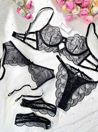 Ultra-Thin Sheer Black Embroidery Lingerie Set