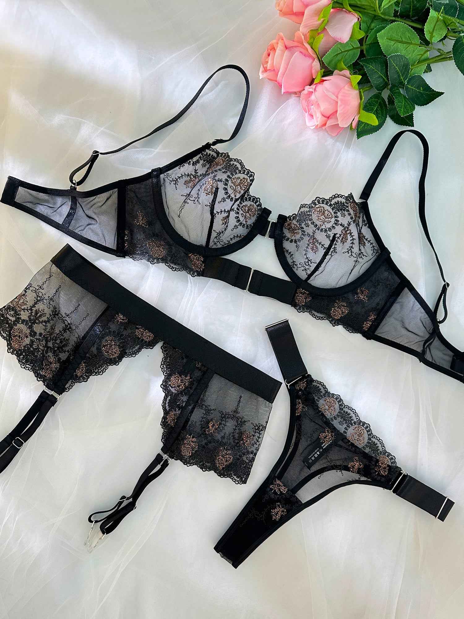 Sheer Black&amp;Champagne Embroidered Lace Lingerie Set