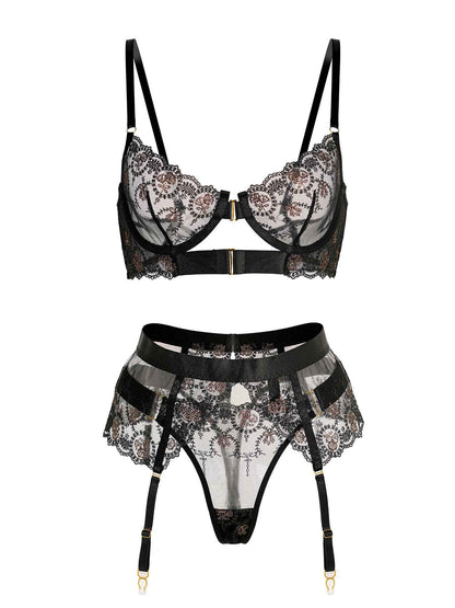 Sheer Black&amp;Champagne Embroidered Lace Lingerie Set