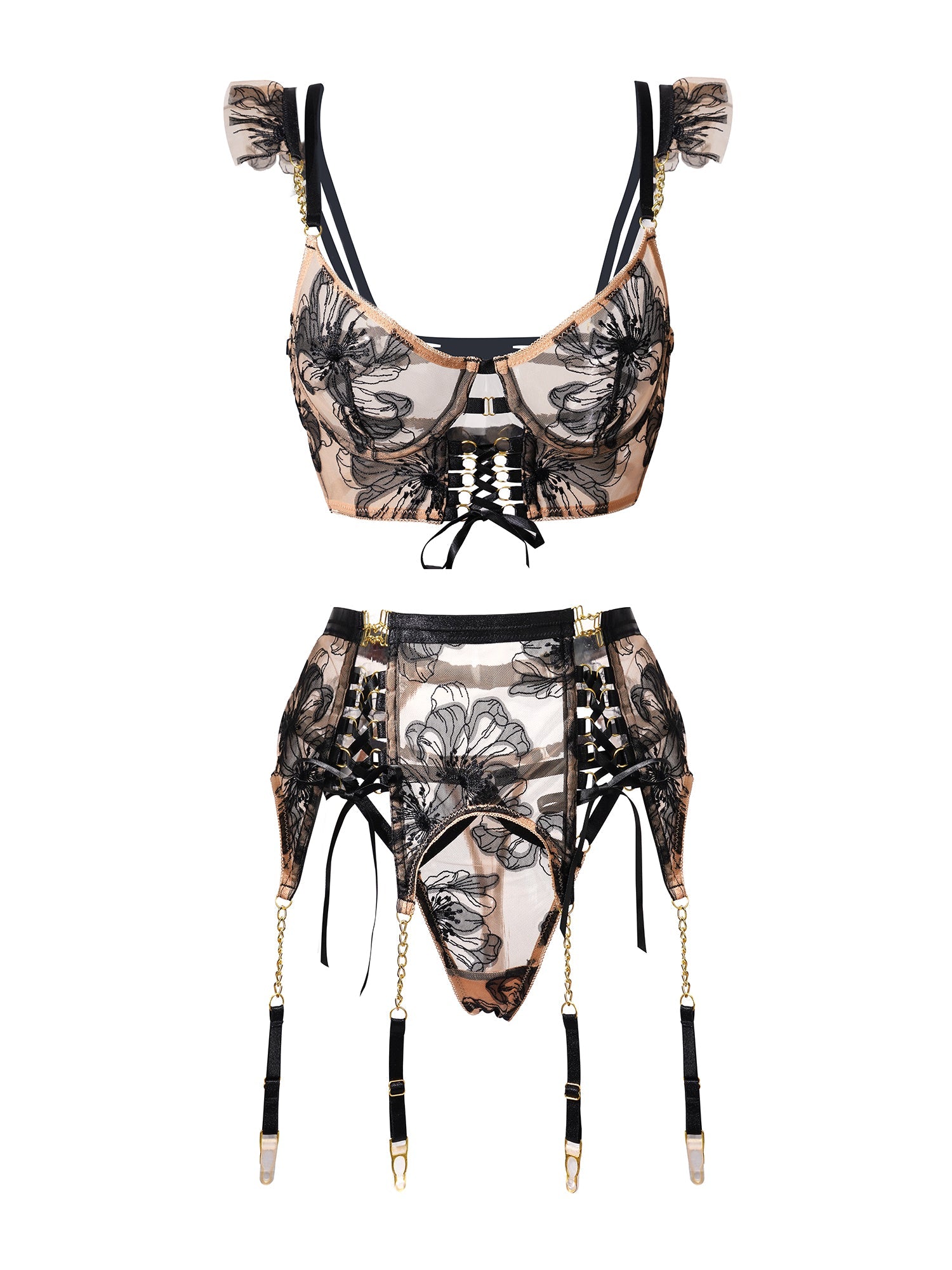 Black&amp;Nude Ribbon Sculpting Body Lingerie Set
