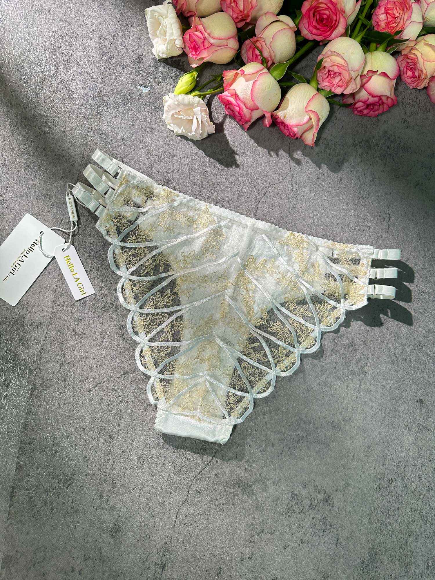 White&amp;Gold  Embroidery Thong