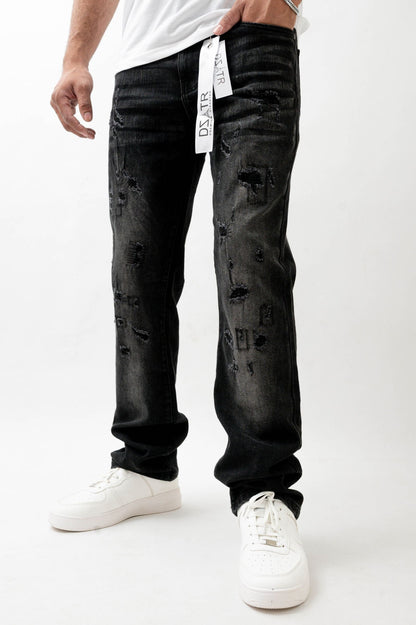 Premium Disaster Super Stretch Straight Fit Denim Jeans - Washed Black by Denim Exchange