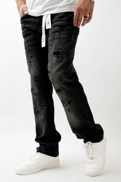 Premium Disaster Super Stretch Straight Fit Denim Jeans - Washed Black by Denim Exchange