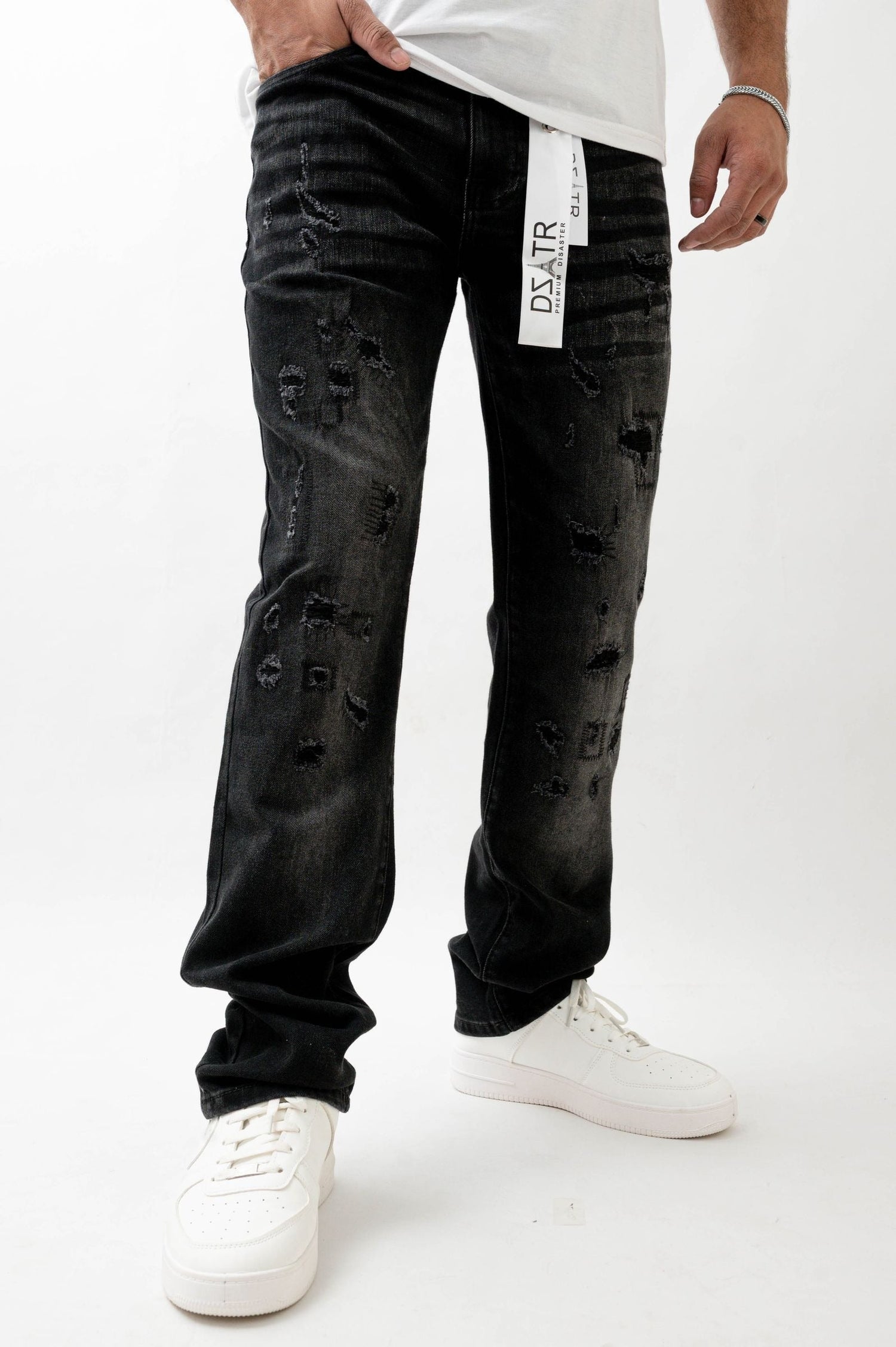 Premium Disaster Super Stretch Straight Fit Denim Jeans - Washed Black by Denim Exchange
