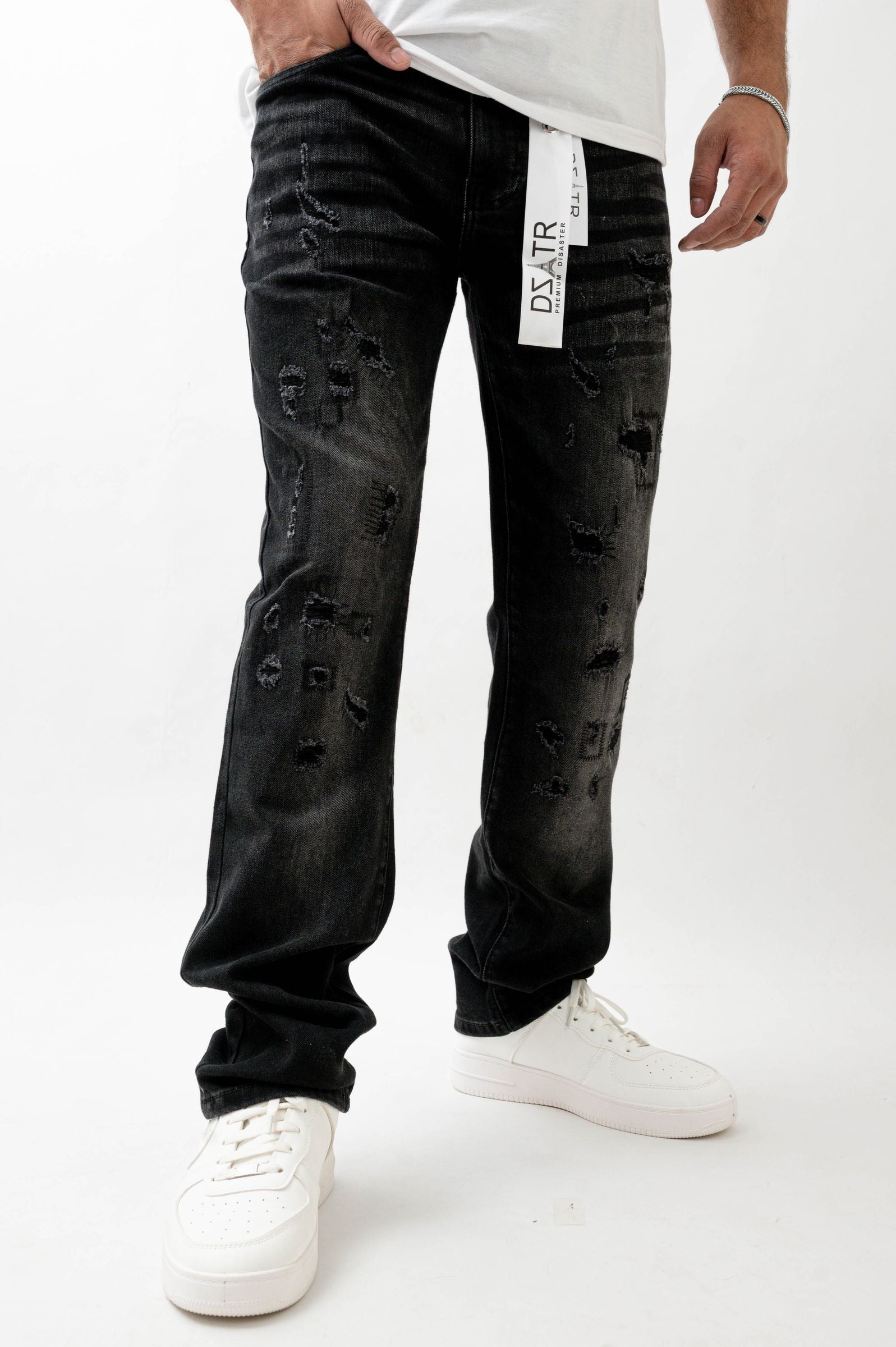 Premium Disaster Super Stretch Straight Fit Denim Jeans - Washed Black by Denim Exchange