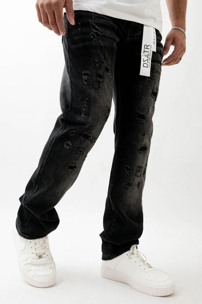 Premium Disaster Super Stretch Straight Fit Denim Jeans - Washed Black by Denim Exchange