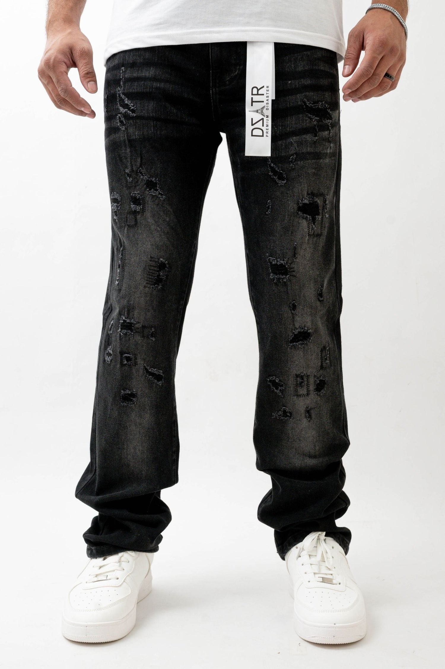 Premium Disaster Super Stretch Straight Fit Denim Jeans - Washed Black by Denim Exchange