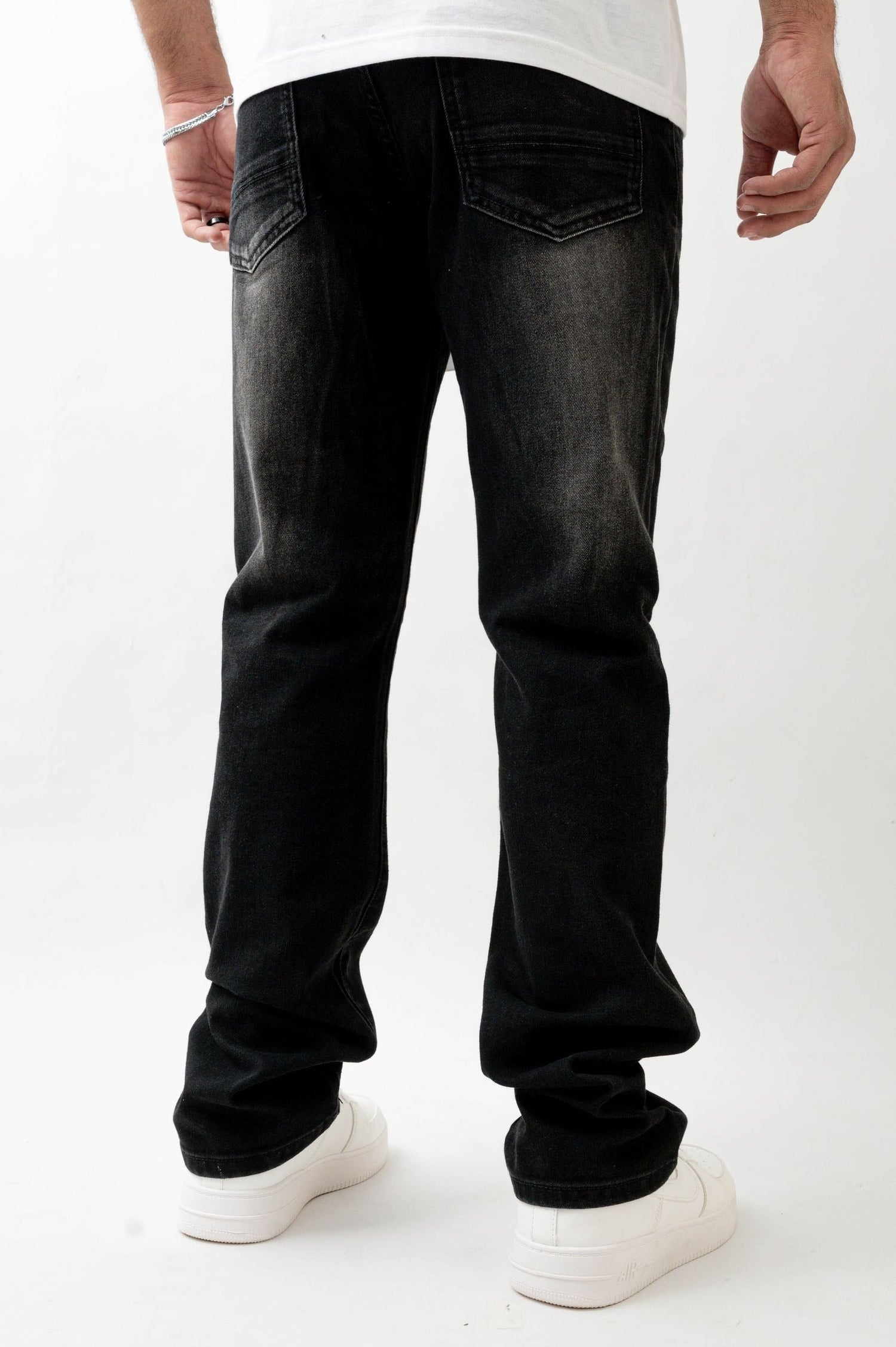 Premium Disaster Super Stretch Straight Fit Denim Jeans - Washed Black by Denim Exchange
