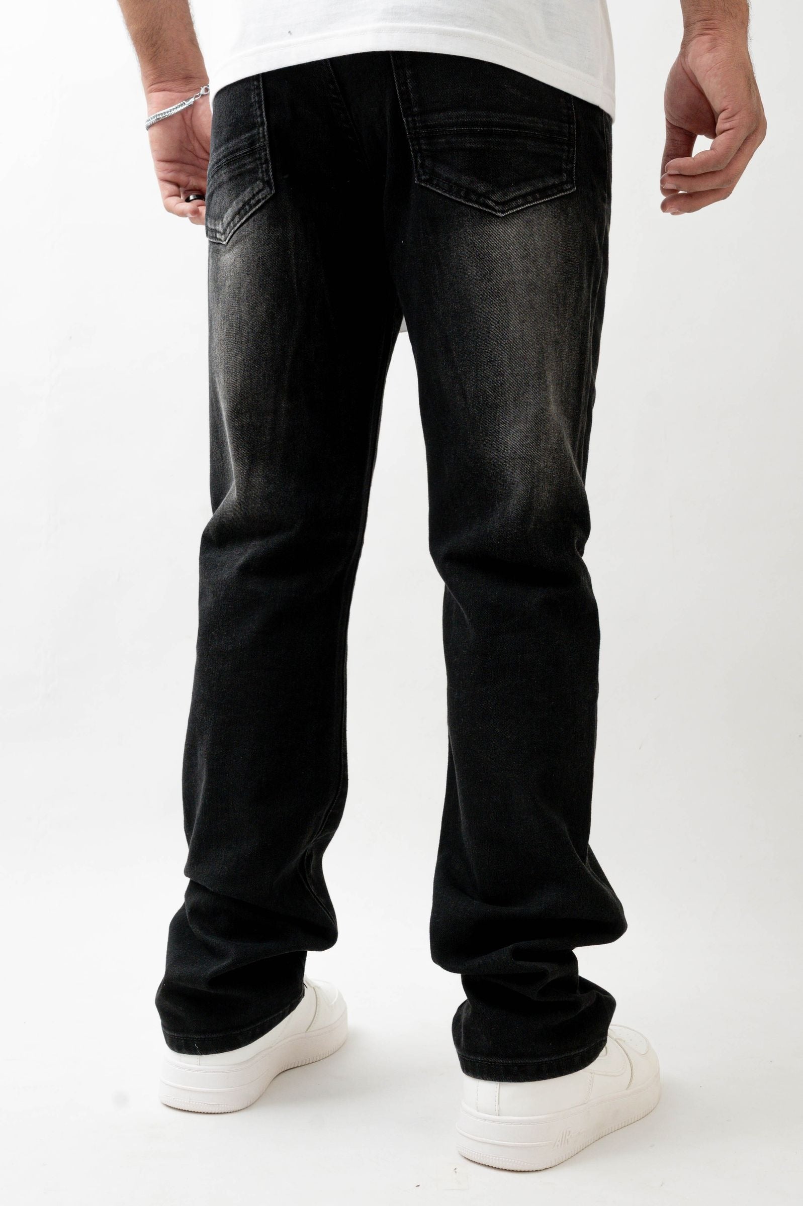 Premium Disaster Super Stretch Straight Fit Denim Jeans - Washed Black by Denim Exchange
