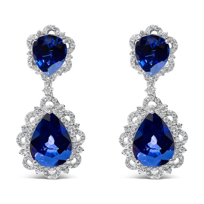 18K White Gold Blue Sapphire and Diamond 2.00 Cttw Diamond Halo Drop and Dangle Earring (G-H Color, SI1-SI2 Clarity) by Bids.com