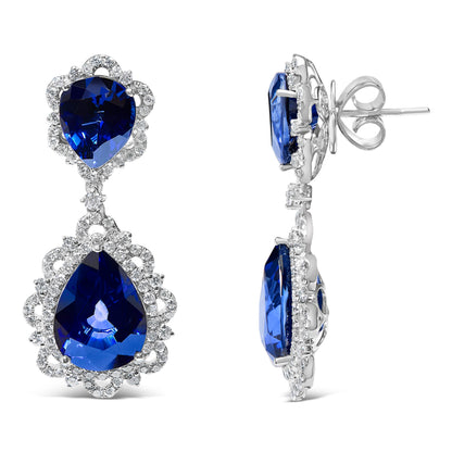18K White Gold Blue Sapphire and Diamond 2.00 Cttw Diamond Halo Drop and Dangle Earring (G-H Color, SI1-SI2 Clarity) by Bids.com