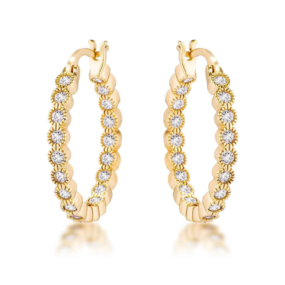 Dotted CZ Round Bezel Hoop Earrings